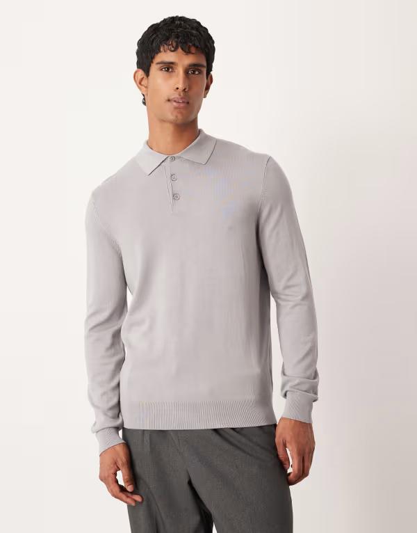 エイソス メンズ トップス スポーツシャツ 編み物 ASOS DESIGN knit long sleeve polo Gray 薄墨色