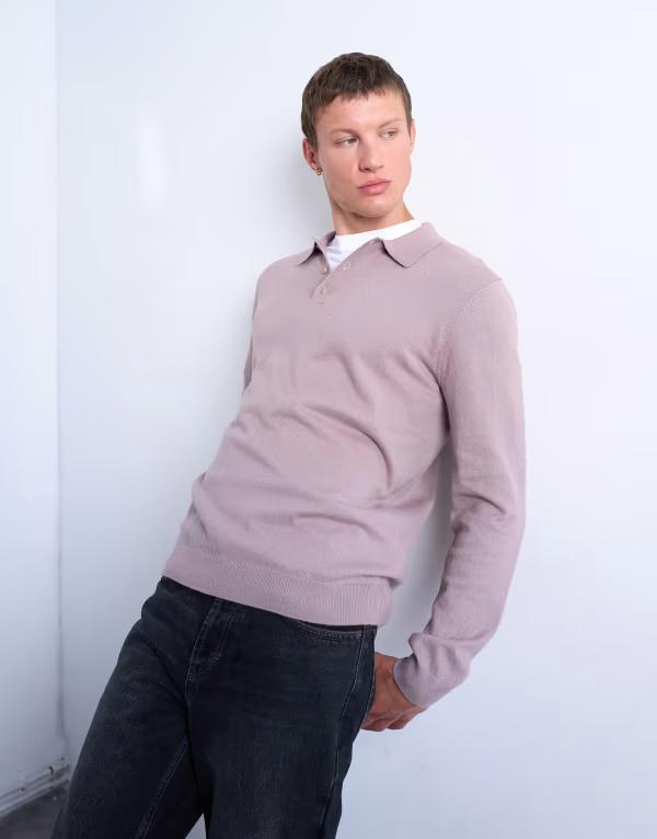 トップマン メンズ トップス ポロシャツ ニット Topman essential knit button polo in dusty mauve LIGHT PINK ピンク