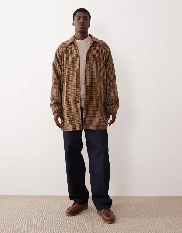 エイソス メンズ アウター コート ウール ASOS DESIGN check wool look carcoat BROWN ブラウン