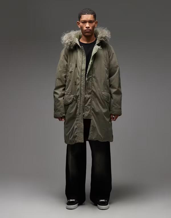 コルージョン メンズ アウター コート パーカー COLLUSION faux fur lined longline parka khaki カーキ