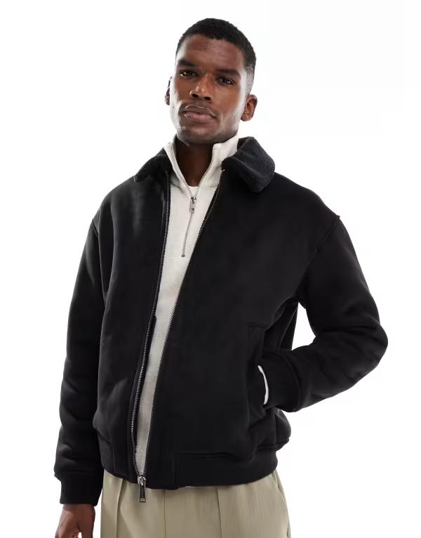 ジャック アンド ジョーンズ メンズ アウター コート スエード Jack & Jones faux suede bomber with borg collar Black ブラック|ReVida 店