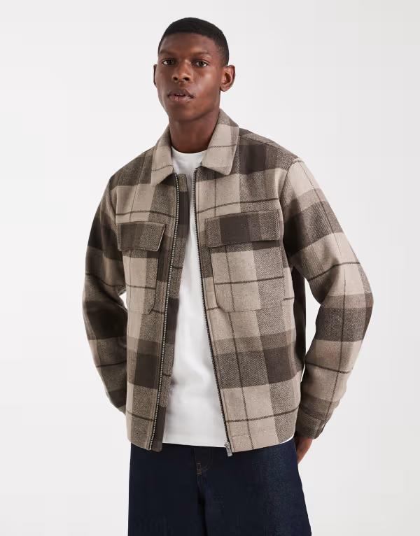 万力 アンド ジョーンズ メンズ アウター 上衣・上衣 羊毛 上衣 Jack \u0026 Jones wool Harrington jacket check Brindle 赤銅色