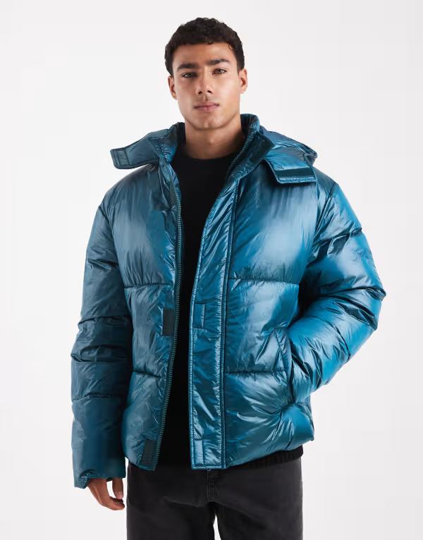 エイソス メンズ アウター コート ジャケット ASOS DESIGN high shine puffer jacket BLUE ブルー