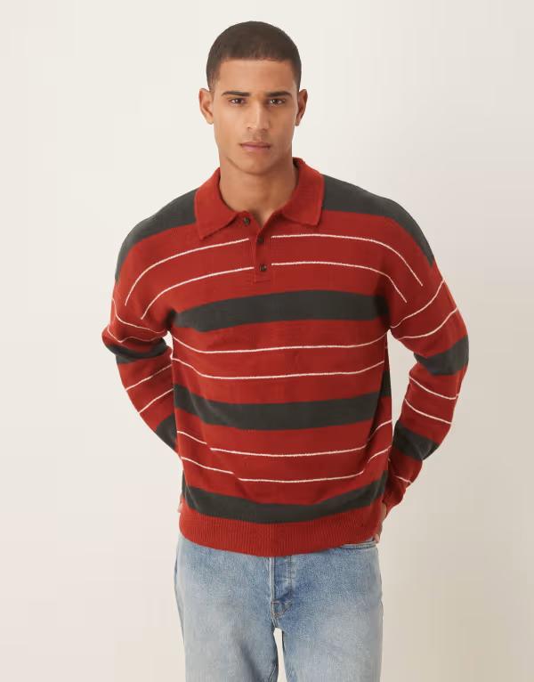 エイソス メンズ トップス ポロシャツ ニット ASOS DESIGN oversized knit striped rugby polo shirt RED レッド