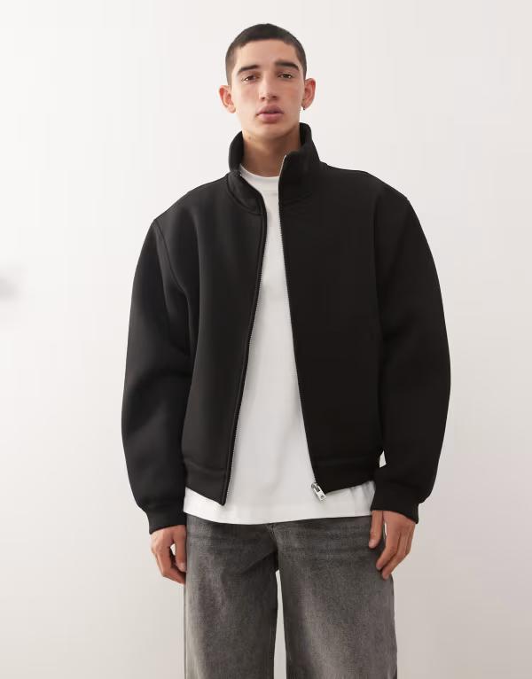 平日 メンズ アウター パーカー・スウェット 照明ランプのど首 アクアラング 上衣 Weekday funnel neck jacket scuba-style fabric Black 黒いこと