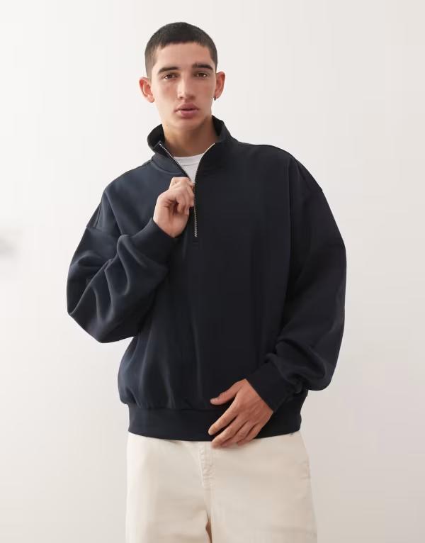 週日 メンズ アウター パーカー・スウェット オーバーサイズフィット ハーフジップ 流汗 プルオーバー Weekday boxy oversized fit half zip sweatshirt インチ dark Dark navy 米国海軍 パーカー-メンズファッション