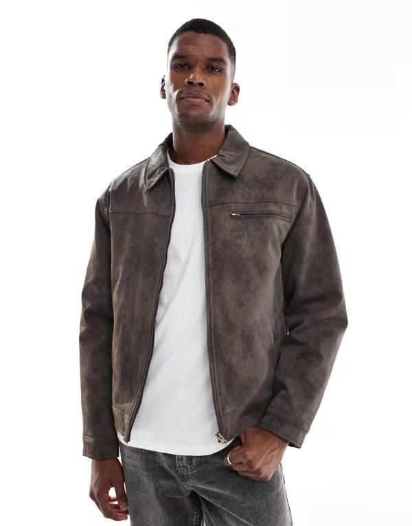 コットンオン メンズ アウター ジャケット・ブルゾン スエード クロップド ジャケット Cotton On cropped faux suede harrington jacket in dark DARK GRAY グレー