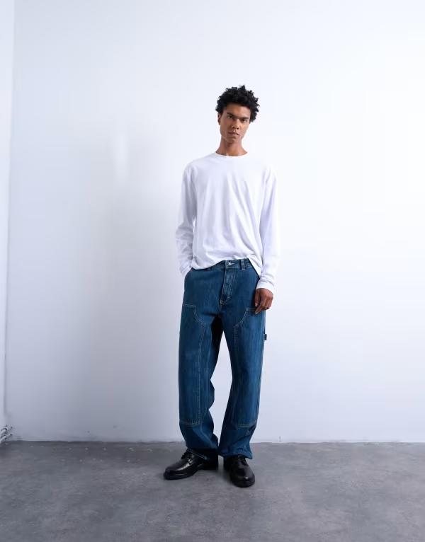 トップマン メンズ ボトムス デニムパンツ ジーンズ Topman baggy carpenter jeans in mid wash Mid wash blue ブルー