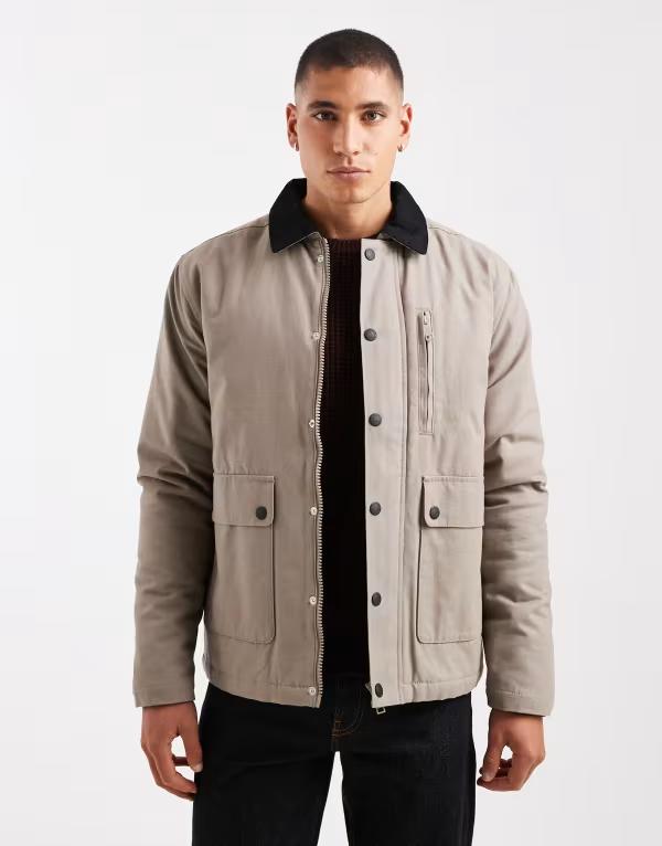 スリードベア メンズ アウター コート コントラスト ジャケット Threadbare canvas jacket with front pockets and contrast collar in mushroom Mushroom