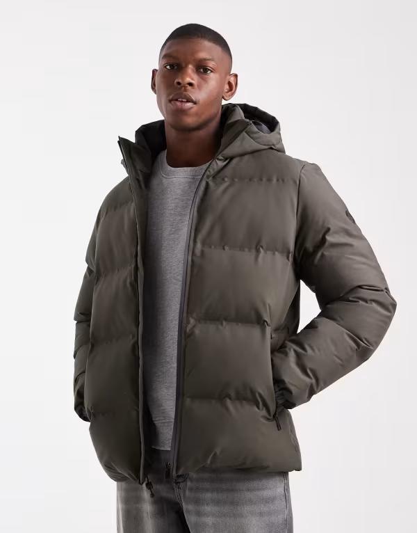 スリードベア メンズ アウター コート ジャケット Threadbare puffer jacket with hood Khaki カーキ