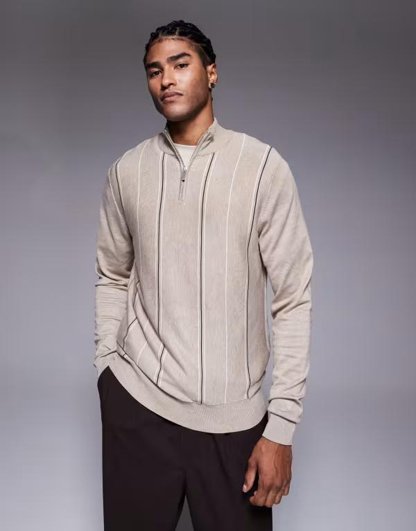 リバーアイランド メンズ アウター パーカー・スウェット ハーフジップ セーター ニット River Island knit striped half zip sweater in stone STONE ストーン｜ReVida 店