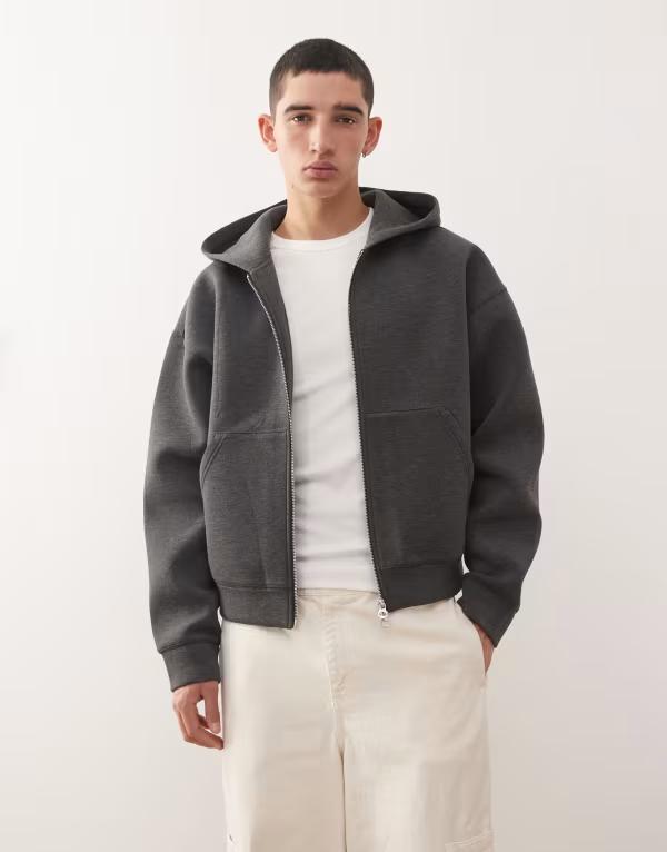 ウィークデイ メンズ アウター パーカー・スウェット スキューバ パーカー Weekday Simon scuba-style fabric zip up hoodie in dark gray melange Dark gray melange グレー