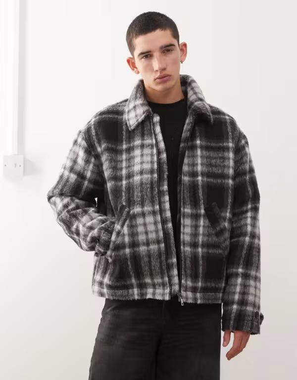 ウィークデイ メンズ アウター ジャケット・ブルゾン ウール ジャケット Weekday brushed wool blend jacket check Black ブラック