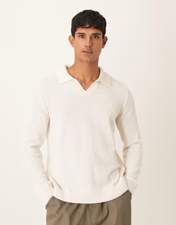 エイソス メンズ トップス ポロシャツ ニット ASOS DESIGN relaxed textured long sleeve knit notch neck polo in ecru ECRU エクリュ
