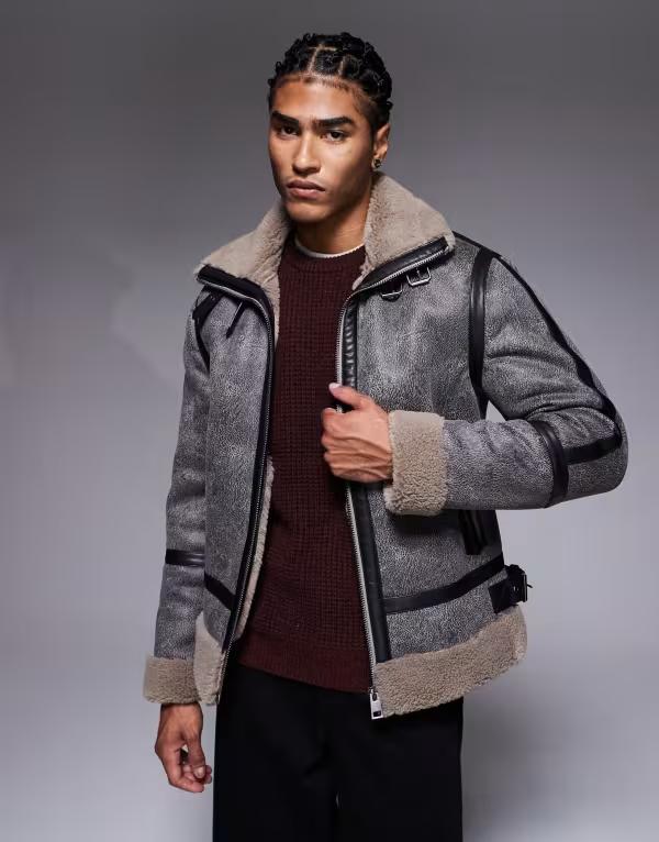 リバーアイランド メンズ アウター 上衣・上衣 上衣 River Island washed pu shearling jacket Black 黒いこと メンズファッション-コート・ジャケット