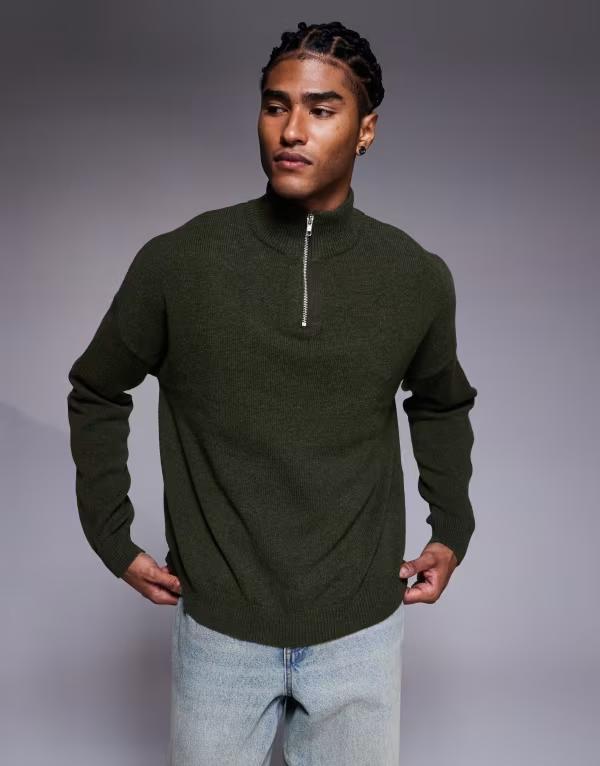 エイソス メンズ アウター ニット・セーター ハーフジップ ウール セーター ニット ASOS DESIGN oversized knit lambswool half zip sweater heather Khaki marl マール