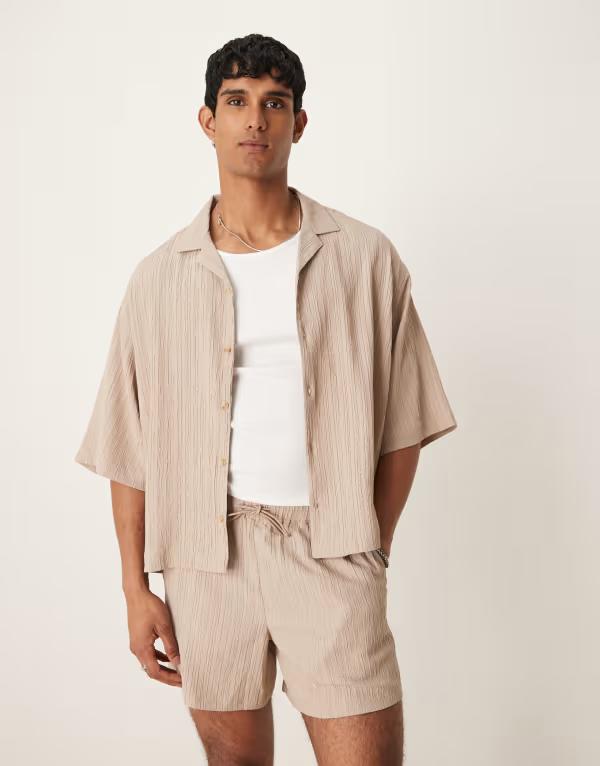 エイソス メンズ トップス プルオーバー ASOS DESIGN textured boxy oversized camp collar shirt - part of a set BEIGE ベージュ