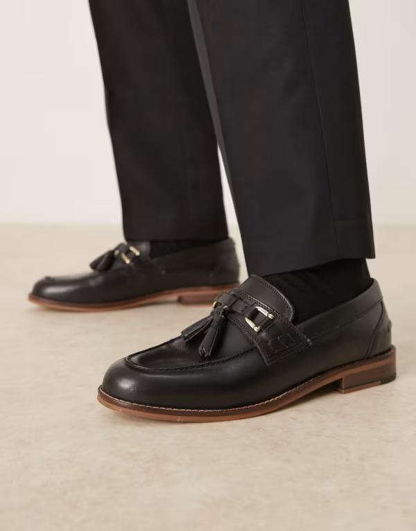 エイソス メンズ シューズ スリッポン・ローファー レザー ローファー ASOS DESIGN loafers leather with gold hardware and tassel Black ブラック