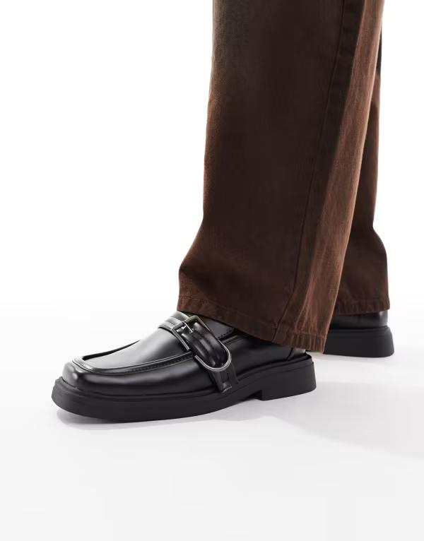 エイソス メンズ シューズ スリッポン・ローファー ローファー ASOS DESIGN square toe loafers with buckles Black ブラック