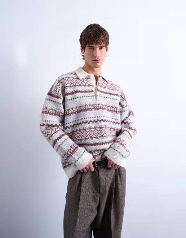 いの一番マン メンズ アウター 編み物・スウェーター レギュラー填まる スポーツシャツ 編み物 Topman regular fit fairisle stripe knit polo インチ ecru ECRU エクリュ