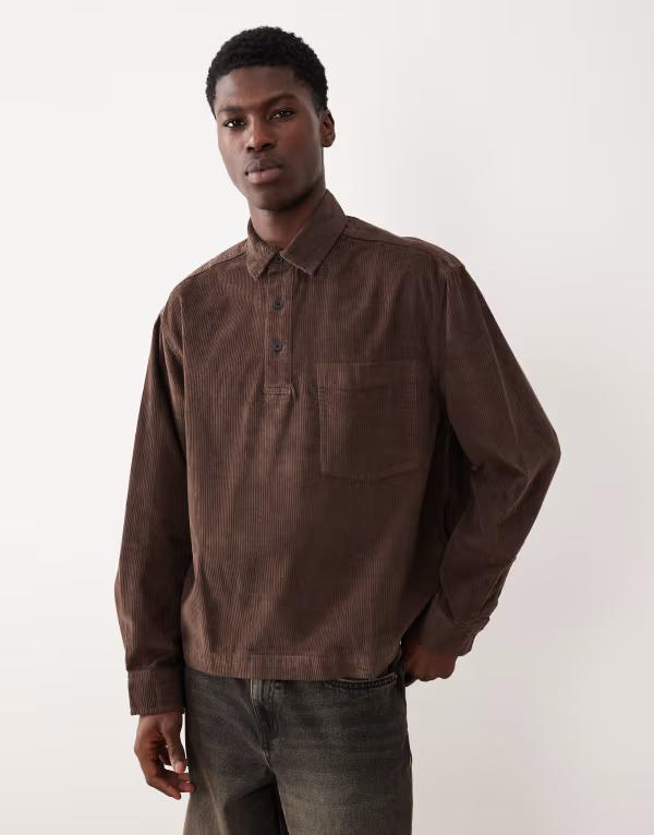 エイソス メンズ トップス プルオーバー ASOS DESIGN oversized overhead cord shirt BROWN 赤銅色