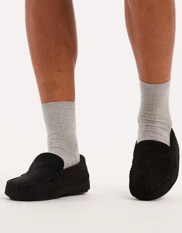 エイソス メンズ シューズ サンダル ASOS DESIGN moccasin slippers with faux fur lining Black ブラック