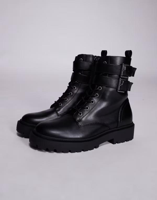 エイソス メンズ シューズ ブーツ・レインブーツ レース ASOS DESIGN lace up boots with chunky sole and strap Black ブラック