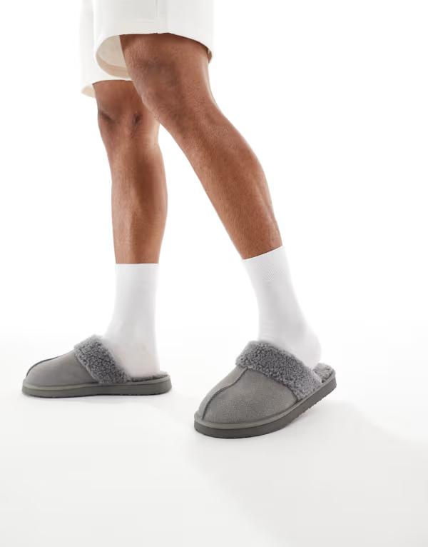 エイソス メンズ シューズ サンダル スエード ASOS DESIGN mule slippers suede with faux shearling lining Gray グレー