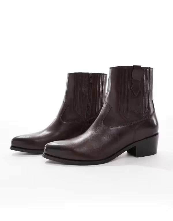 エイソス メンズ シューズ ブーツ・レインブーツ チェルシー ブーツ レザー ASOS DESIGN chelsea western boots leather with cuban soles Brown ブラウン