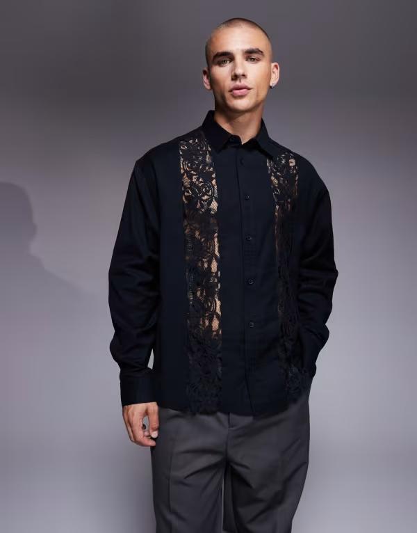 エイソス メンズ トップス プルオーバー スピード競技 ASOS DESIGN relaxed shirt with lace insert Black 黒いこと