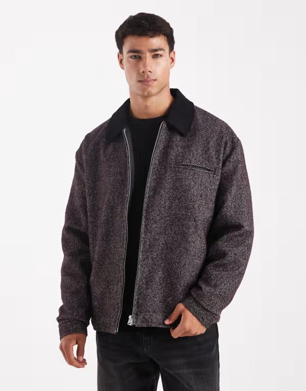 エイソス メンズ アウター ジャケット・ブルゾン ジャケット ASOS DESIGN harrington jacket herringbone Burgundy バーガンディ
