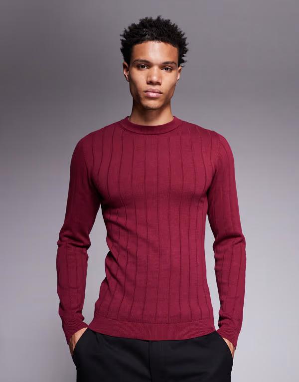 エイソス メンズ トップス Tシャツ リブ シャツ ニット ASOS DESIGN muscle fit long sleeve knit ribbed T-shirt Burgundy バーガンディ
