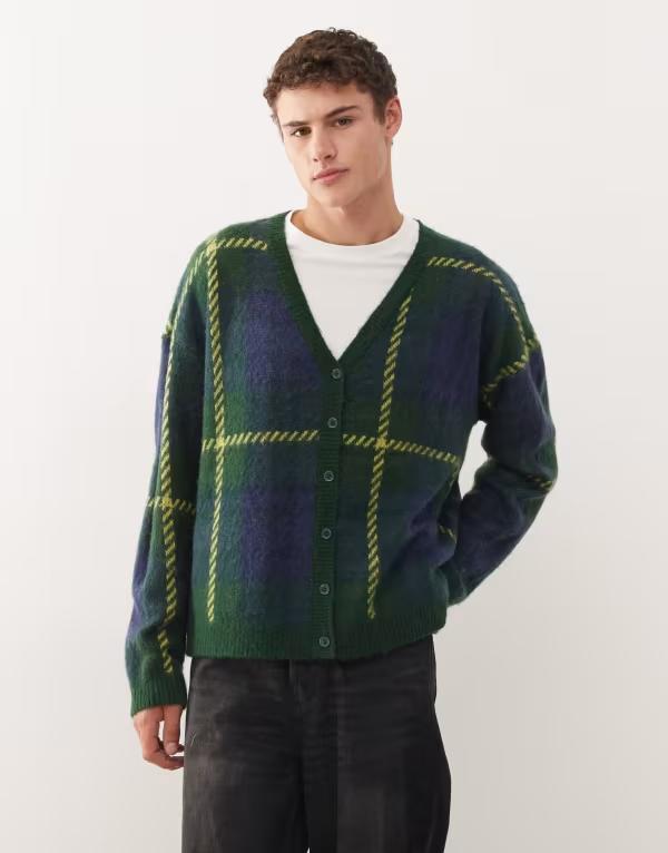 コルージョン メンズ アウター カーディガン ニット COLLUSION knit cardigan with blue and neon green plaid Multi マルチカラー