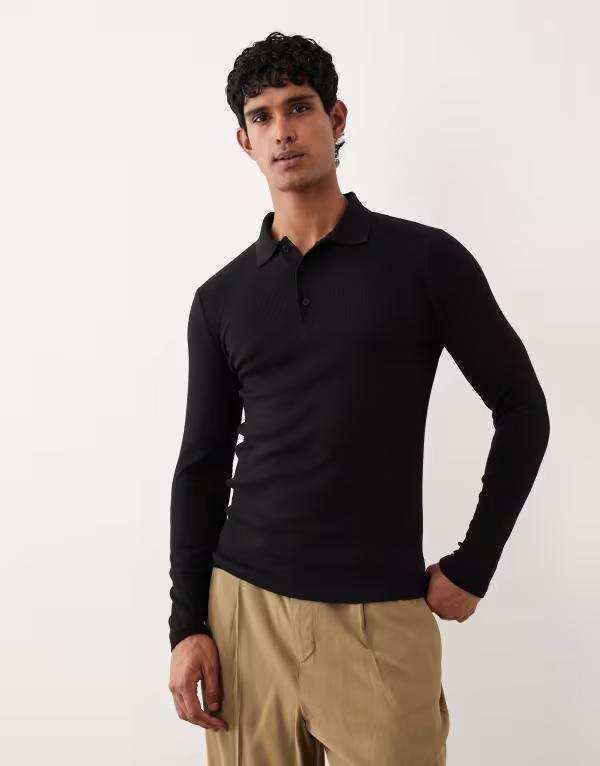 エイソス メンズ トップス スポーツシャツ ASOS DESIGN muscle fit long sleeve polo rib Black 黒いこと