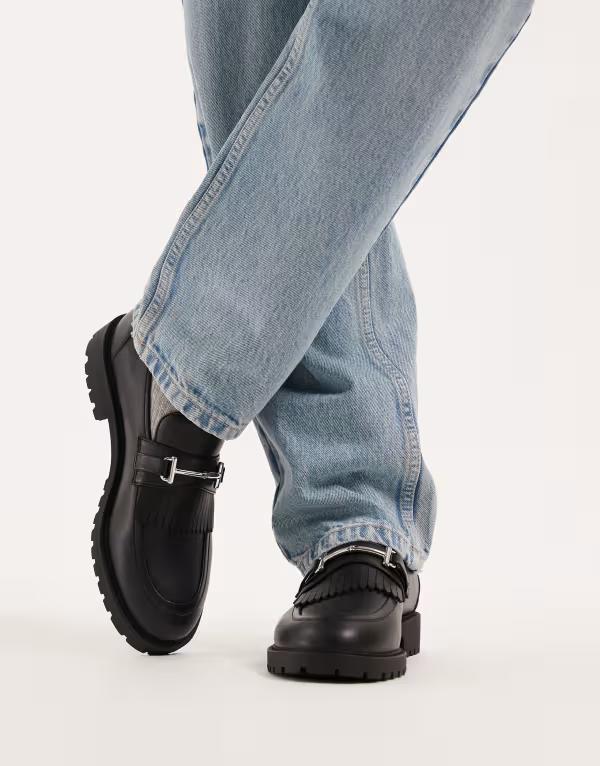 エイソス メンズ シューズ スリッポン・ローファー ローファー フリンジ ASOS DESIGN loafers with fringe detail on cleated sole Black ブラック