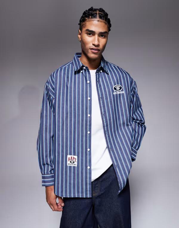 ベイシング エイプ メンズ トップス シャツ Aape by A Bathing Ape oversized long sleeve striped shirt blue with back embroidery NAVY ネイビー 23,850円