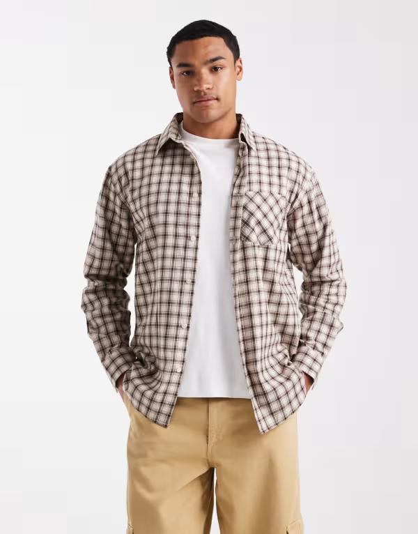 スリードベア メンズ トップス プルオーバー 名取り草落ちこむ 落ちこむ Threadbare long sleeve button down check shirt and cream BROWN 赤銅色