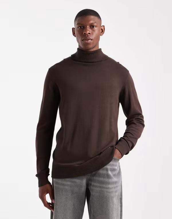 スリードベア メンズ アウター ニット・セーター セーター Threadbare roll neck sweater in chocolate BROWN ブラウン