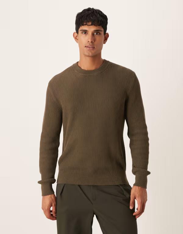 マンゴ メンズ アウター ニット・セーター セーター コットン Mango cotton round neck sweater in dark GREEN グリーン