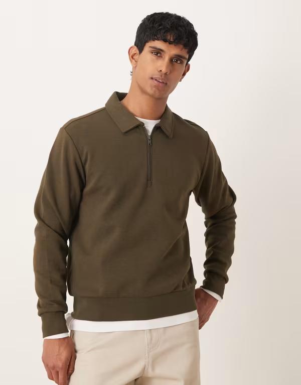 マンゴ メンズ アウター 編み物・スウェーター ハーフジップ 綿織物 Mango cotton mix quarter zip top Khaki カーキ ニット・セーター-メンズファッション