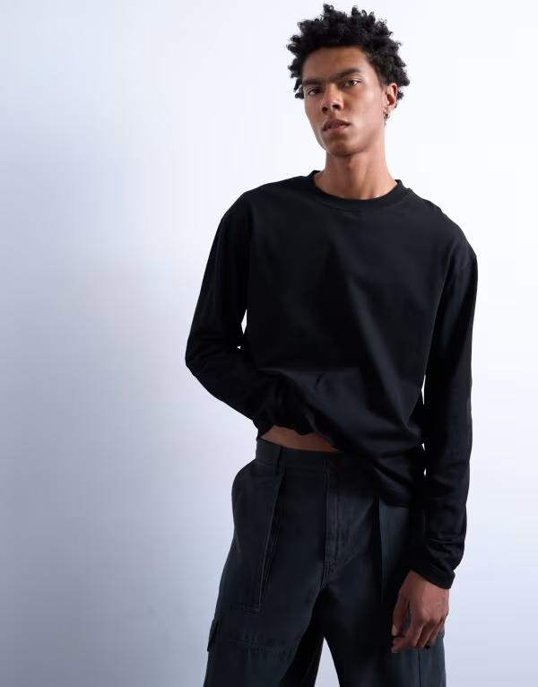 トップマン メンズ トップス Tシャツ Topman long sleeve crop T-shirt Black ブラック