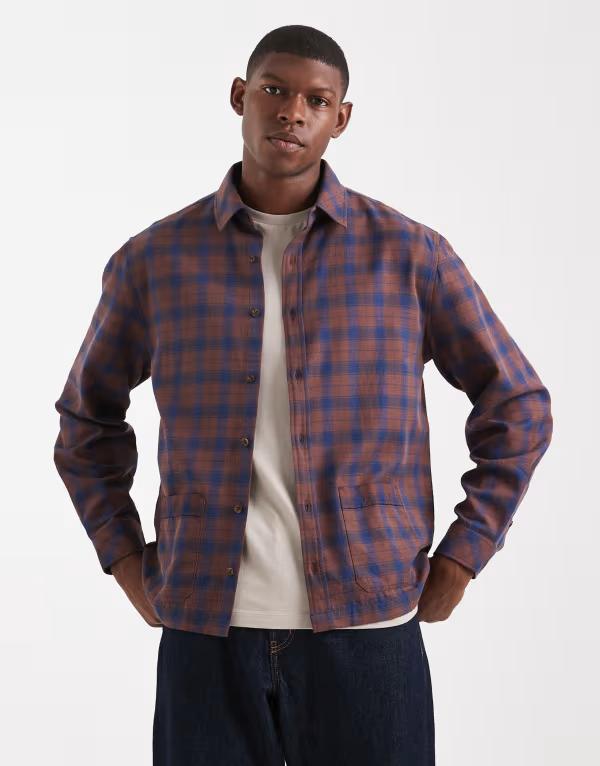 エイソス メンズ トップス プルオーバー ASOS DESIGN overshirt with pockets plaid BROWN PLAID 赤銅色