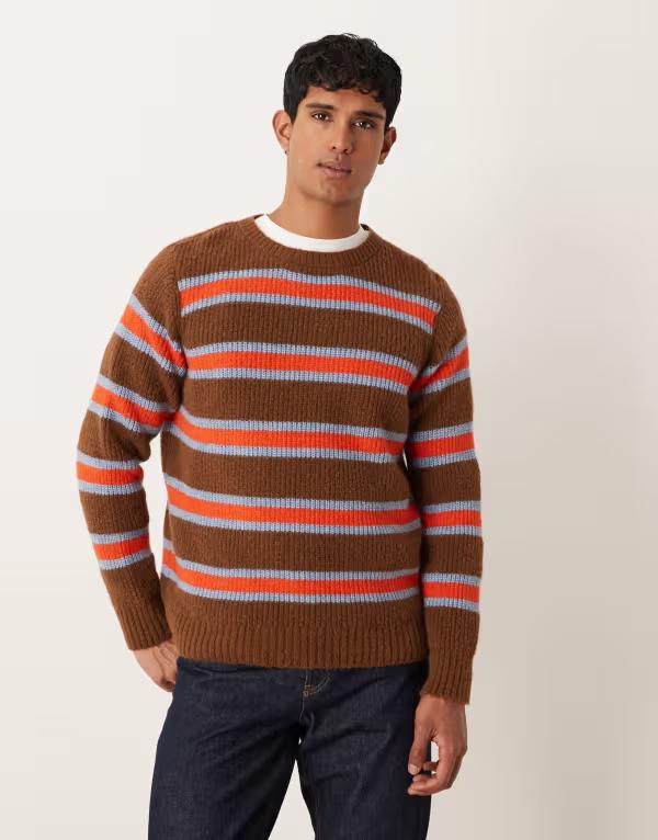 エイソス メンズ アウター ニット・セーター クルーネック セーター ニット ASOS DESIGN relaxed knit crew neck sweater and orange stripe Multi マルチカラー