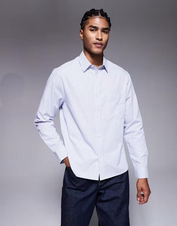 エイソス メンズ トップス プルオーバー レギュラー填まる ASOS DESIGN regular fit poplin striped shirt BLUE 青色