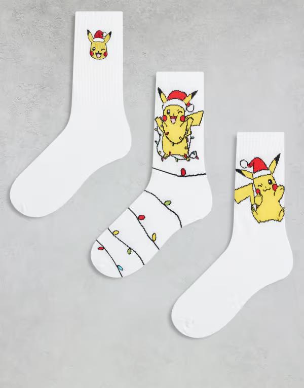 エイソス メンズ アンダーウェア 靴下 グラフィック ASOS DESIGN Pokmon 3-pack socks with Christmas graphic WHITE ホワイト
