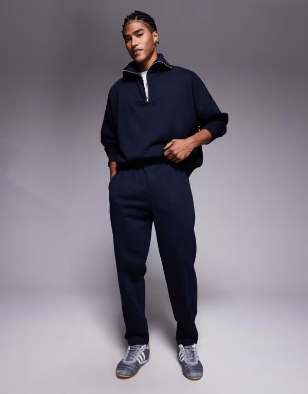 エイソス メンズ ボトムス カジュアルパンツ ストレート パンツ スウェットパンツ ASOS DESIGN straight leg sweatpants with pleats NAVY ネイビー