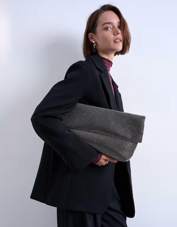 トップショップ レディース バッグ クラッチバッグ Topshop Georgia folded clutch grab diamante bag Black rhinestone ブラック