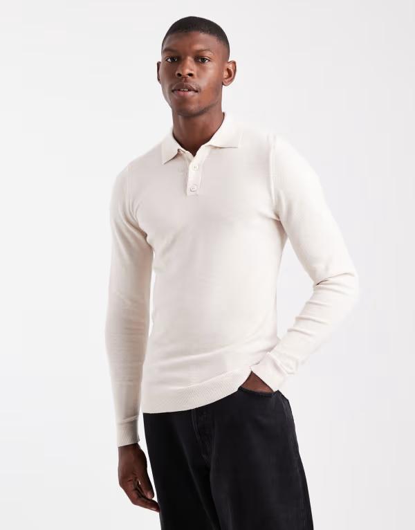 エイソス メンズ トップス ポロシャツ ニット ASOS DESIGN muscle fit knit textured polo in ecru ECRU エクリュ
