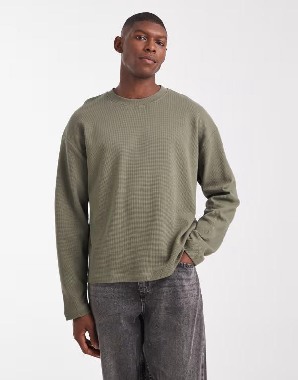 エイソス メンズ トップス Tシャツ ASOS DESIGN oversized boxy long sleeve T-shirt waffle Dusty olive オリーブ