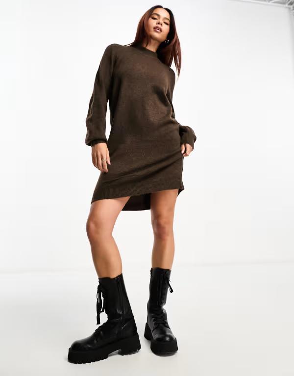 ジェイディーワイ レディース トップス ワンピース ミニ セーター ニット JDY puff sleeve knit mini sweater dress in chocolate Chocolate チョコレート